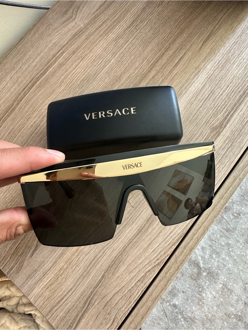 Versace black and gold shield visor sunglasses